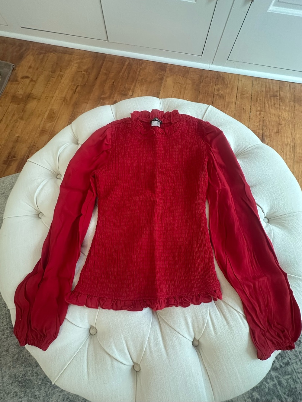 VENUS Red Smocked Ruffle-Neck Blouse